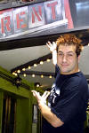 Joey advertising "Rent" on Broadway in New York City, NY.  (August 2002)