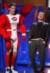 Actor Seann William Scott wearing a superhero costume (L) & Justin, co-host the 2003 MTV Movie Awards which were taped in Los Angeles, CA. (May 31, 2003)