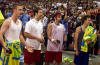 *NSYNC react as announcer Pat O'Brien accidentally falls into a dunk tank just as they were getting ready to try to sink him during the "Challenge for the Children III" event at the Thomas & Mack Center  (July 28, 2001)